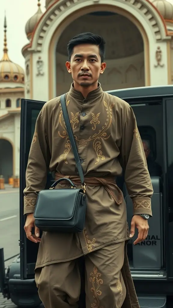 A traveler in a stylish Zygerrian Trade Look outfit, featuring intricate designs and a sleek bag, stepping out confidently.