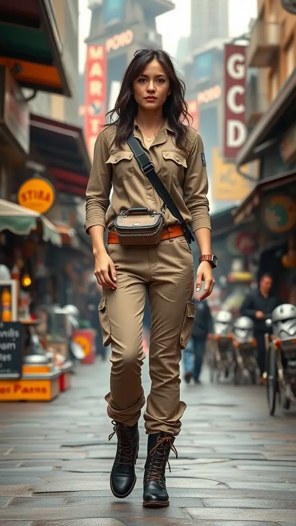 A traveler in a khaki outfit walking through a busy market, showcasing a stylish and functional travel look.