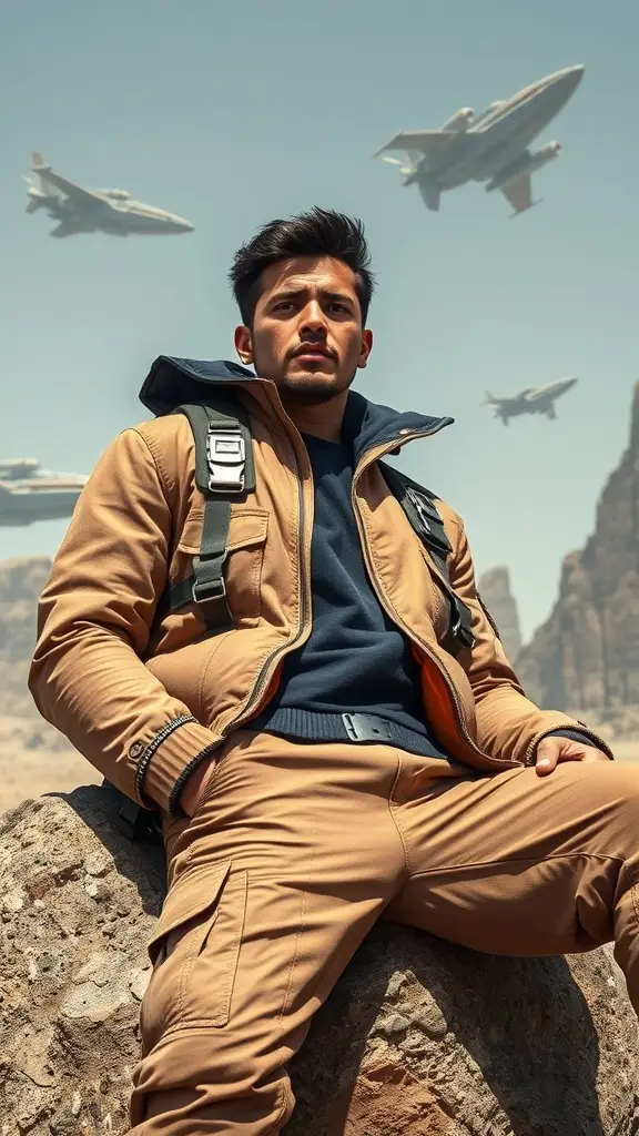 A man in a stylish, functional outfit suitable for space travel, set against a backdrop of a desert landscape with aircraft flying in the sky.