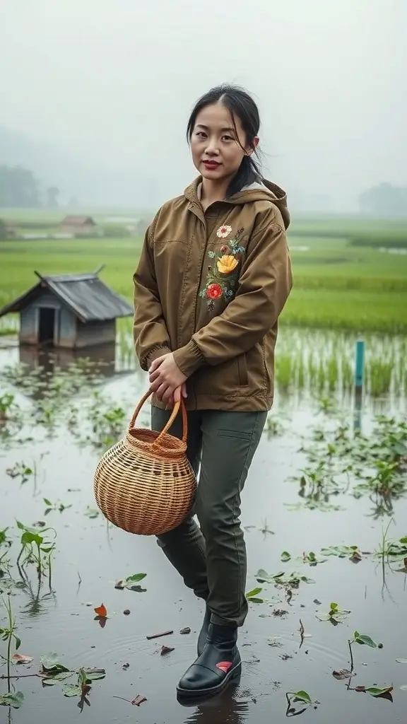 A traveler in a stylish olive jacket and practical pants, standing in a rice field with a woven bag.