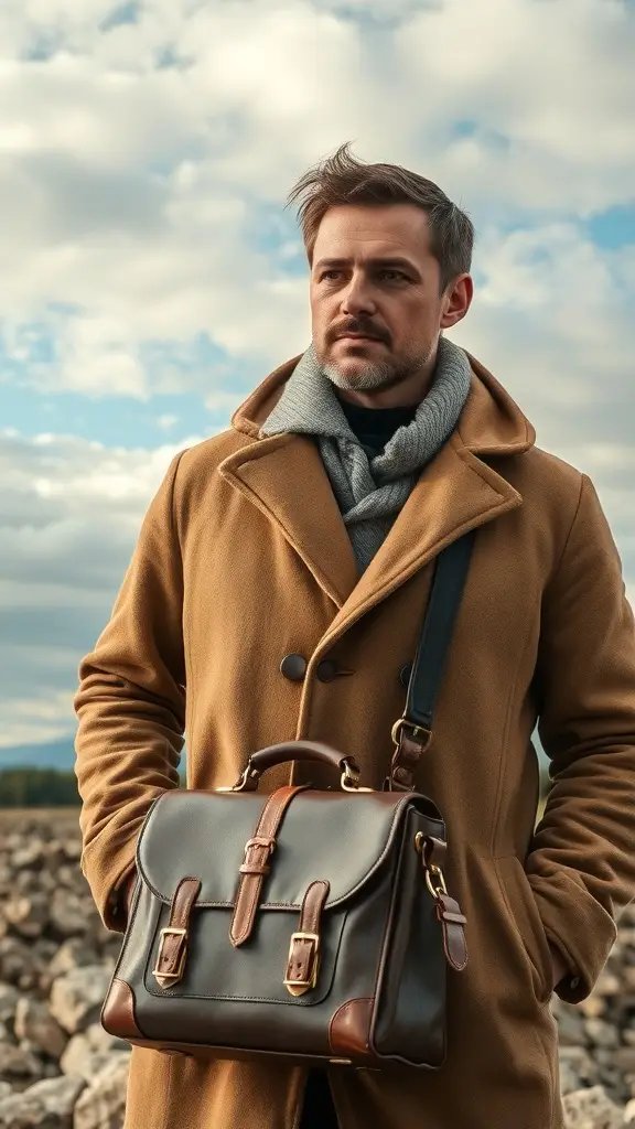 A stylish man in a camel coat and scarf, holding a leather bag, set against a cloudy sky.