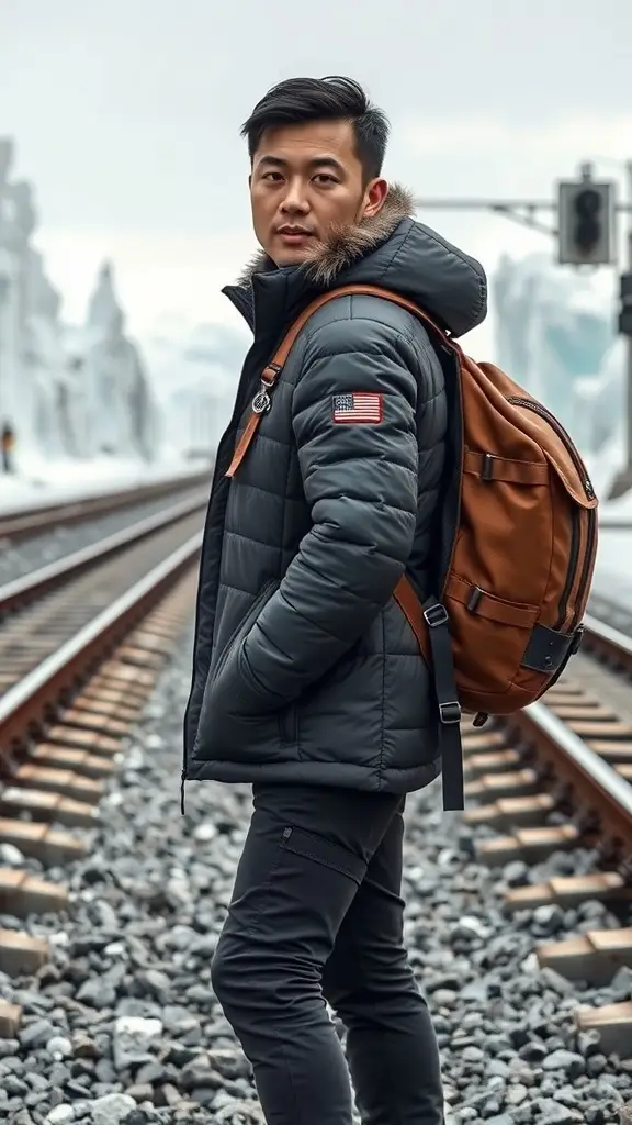 A man wearing a stylish black jacket with a fur-lined hood and brown backpack, standing on a railway track in a snowy landscape.