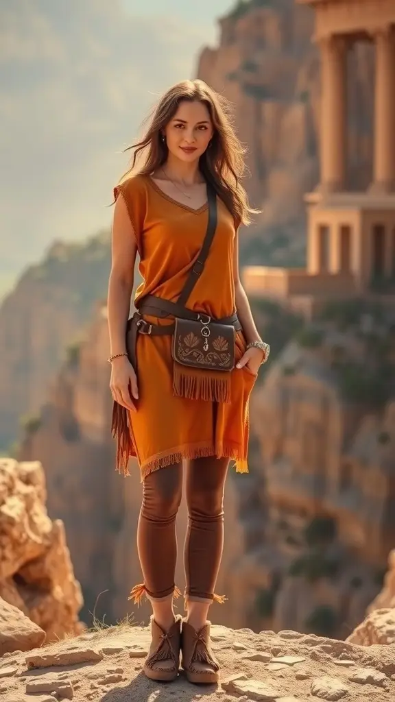 A woman in stylish explorer attire standing on a rocky ledge with a scenic background.