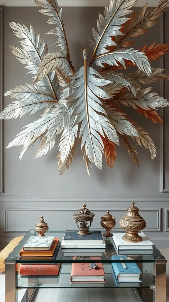Metallic feather wall art above a glass coffee table with decorative items.