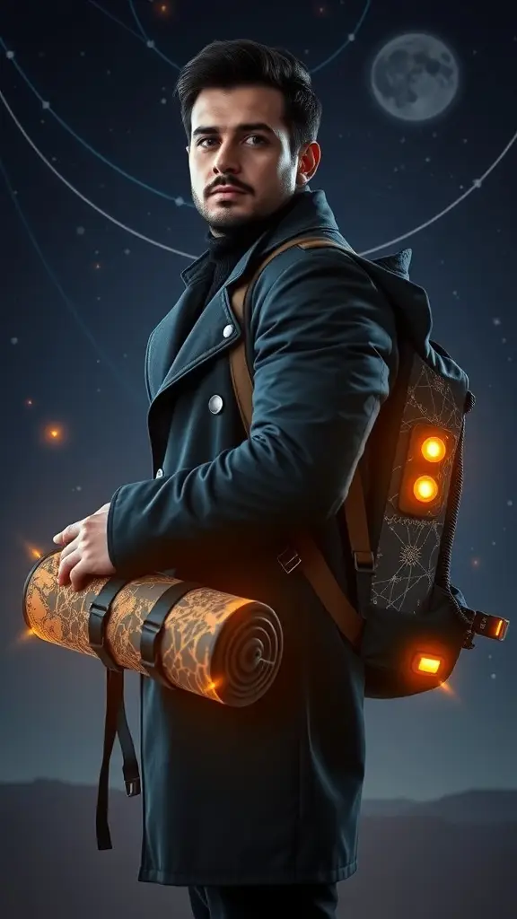 A stylish man in a sleek coat holding a high-tech backpack and a rolled mat, set against a cosmic background.