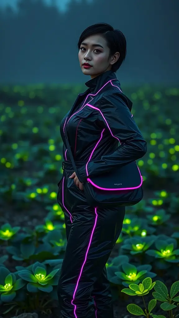 A person in sleek black attire with pink accents stands in a glowing green landscape, embodying the stylish and functional travel gear for Umbara.