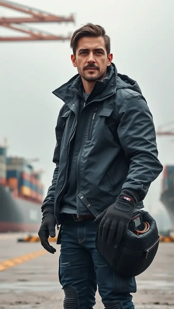 A man in a stylish jacket and gloves stands at a dock, ready for travel.