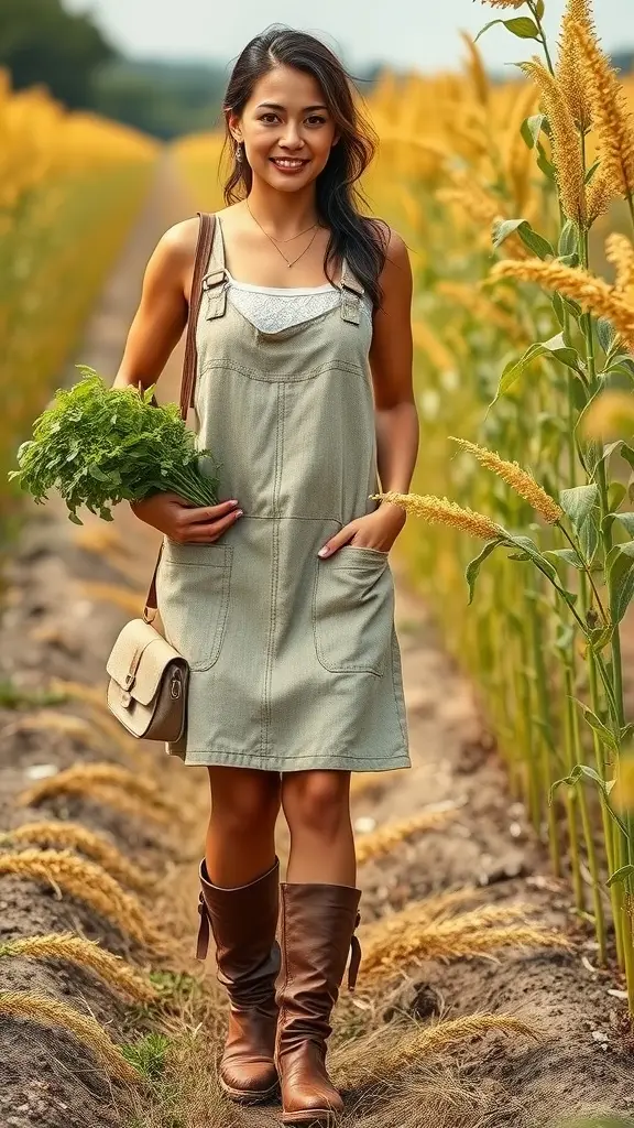 A woman in a stylish dress holding fresh produce in a golden field.
