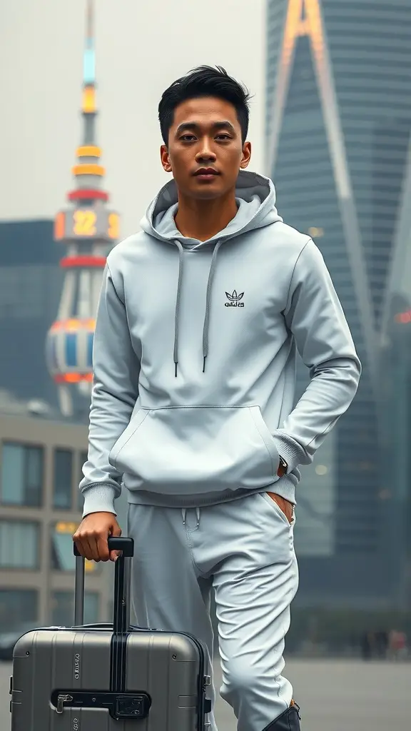 A young man in a light blue tracksuit holding stylish luggage in Christophis City.