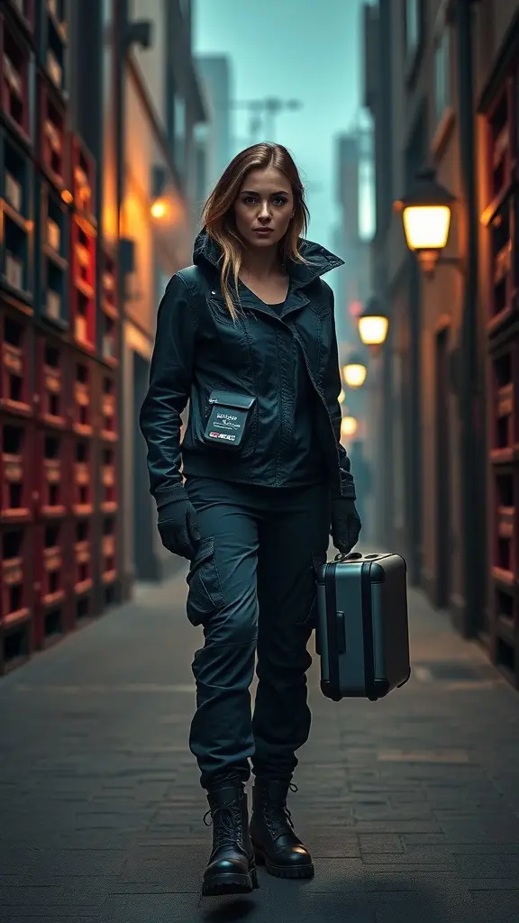 A person in a tactical outfit holding a sleek suitcase, walking through a dimly lit urban alley.