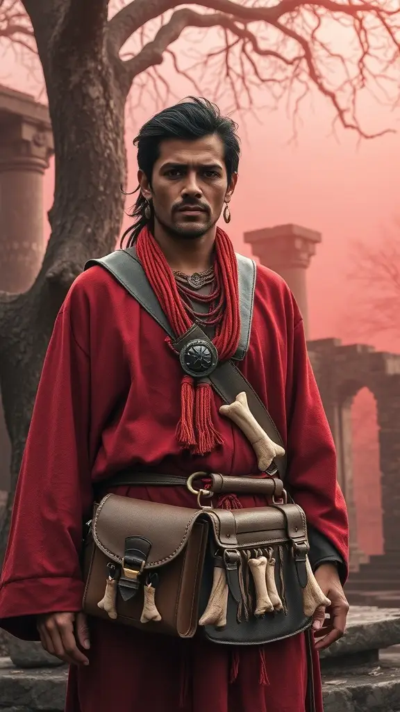A traveler in a red robe with a unique bag, standing in a misty landscape reminiscent of Dathomir.