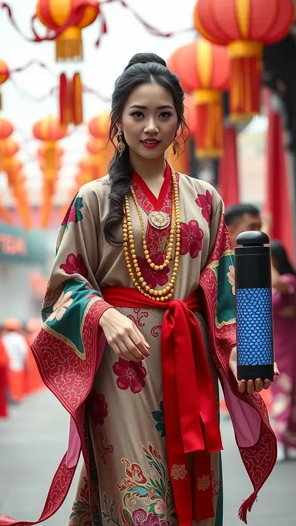 A woman in a colorful traditional outfit with floral patterns, holding a unique piece of luggage, set against a backdrop of lanterns.