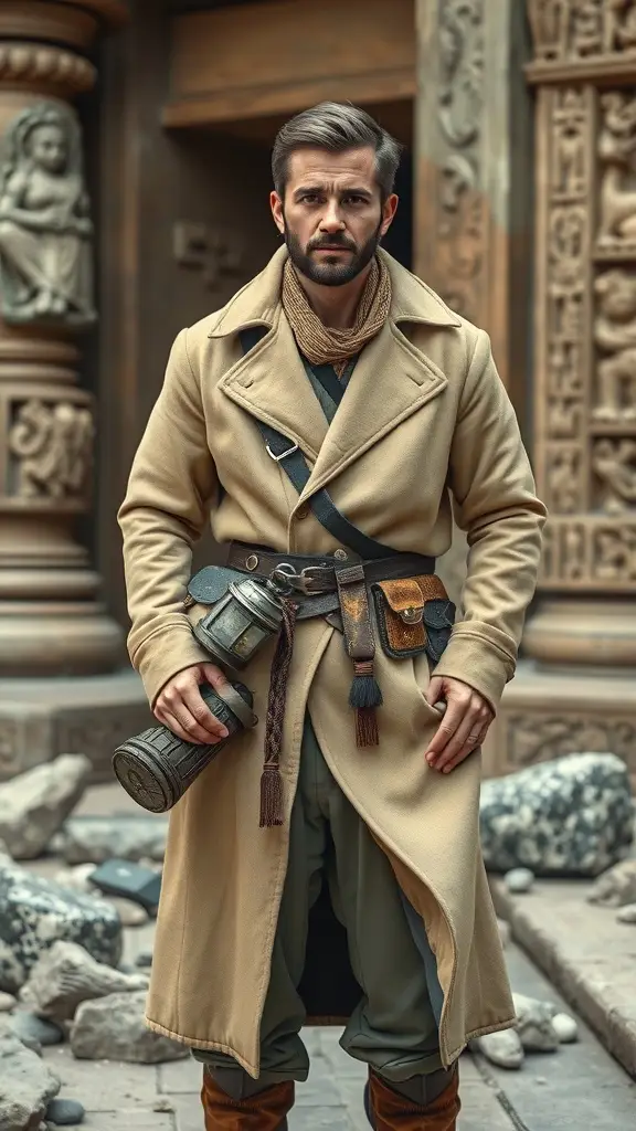 A stylish traveler in a long coat and rugged attire, ready for exploration in a rocky, ancient setting.