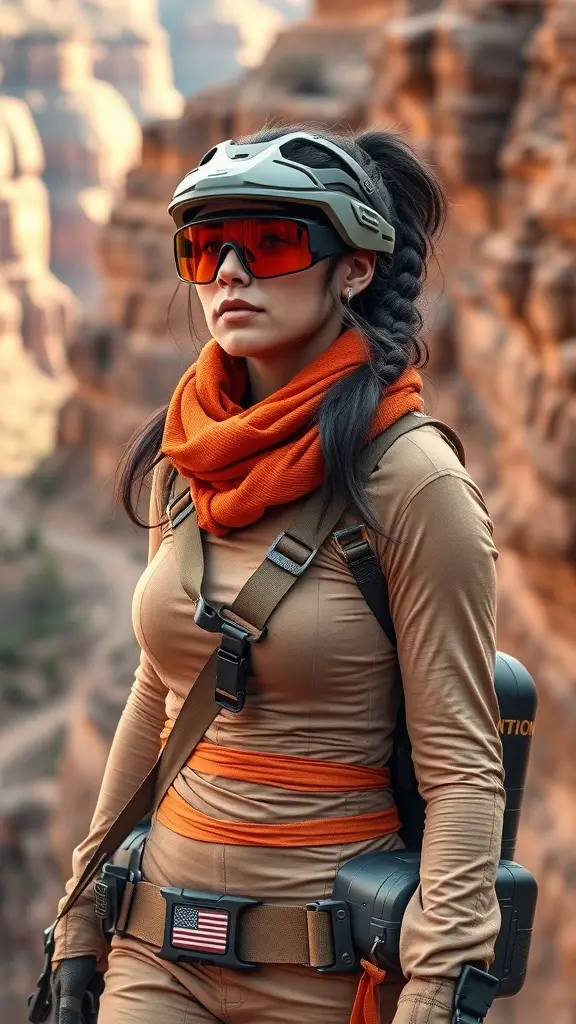 A scout in the Saleucami Desert wearing protective gear and a vibrant orange scarf, ready for exploration.