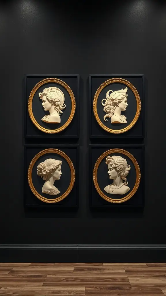 Four cameo shadow prints in gold frames on a black wall.