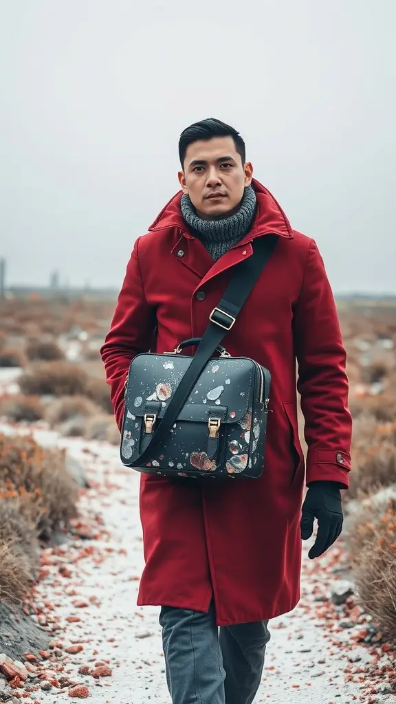 A man in a red coat walking on a rocky path, carrying a stylish cosmic-themed bag.