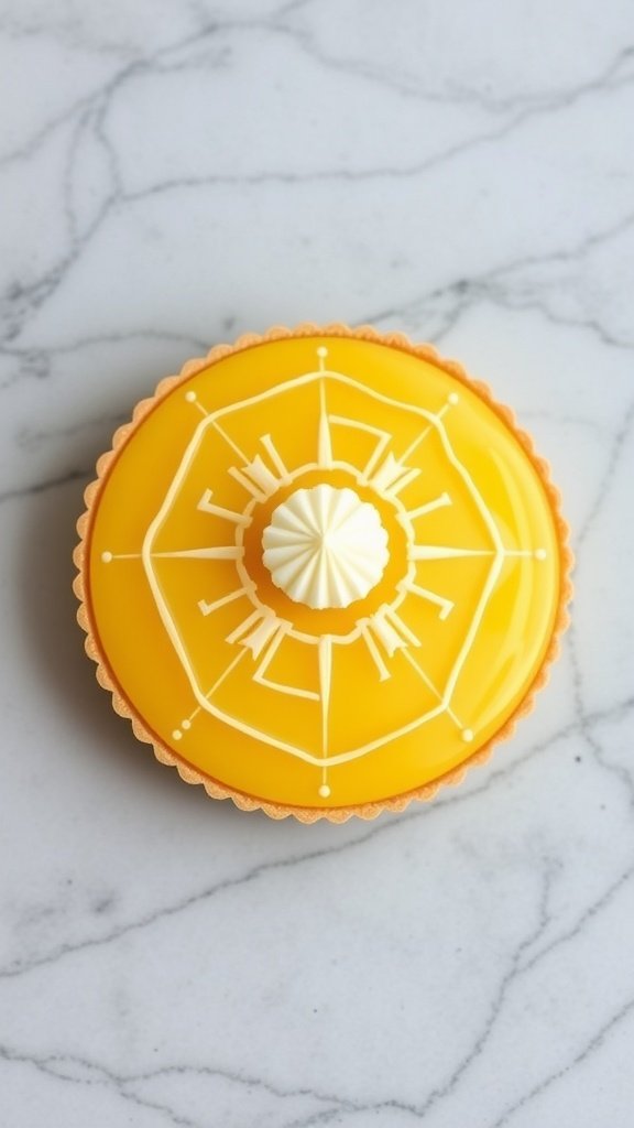 A vibrant lemon tart designed to resemble the Death Star from Star Wars, with a bright yellow filling and decorative white accents.