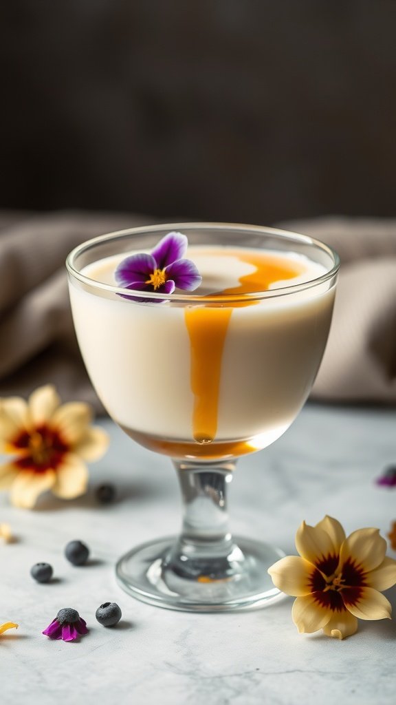 A glass of vanilla bean panna cotta topped with a flower and caramel sauce, surrounded by edible flowers and berries.