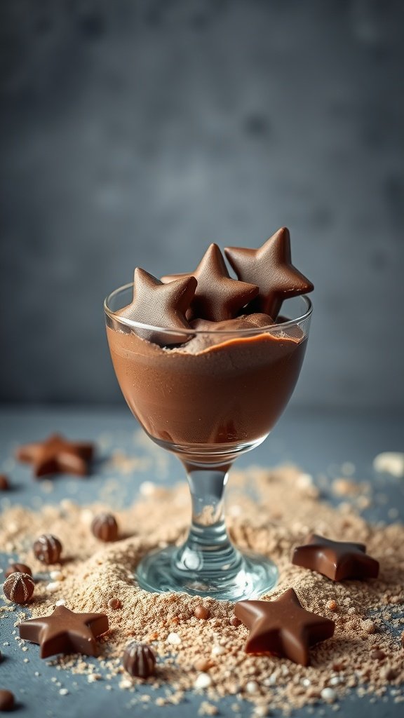 A glass of chocolate mousse topped with star-shaped chocolates, surrounded by chocolate crumbs.