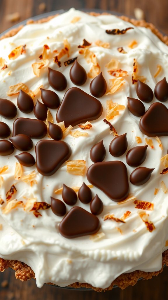 A Wookiee Coconut Cream Pie decorated with chocolate candies and toasted coconut.