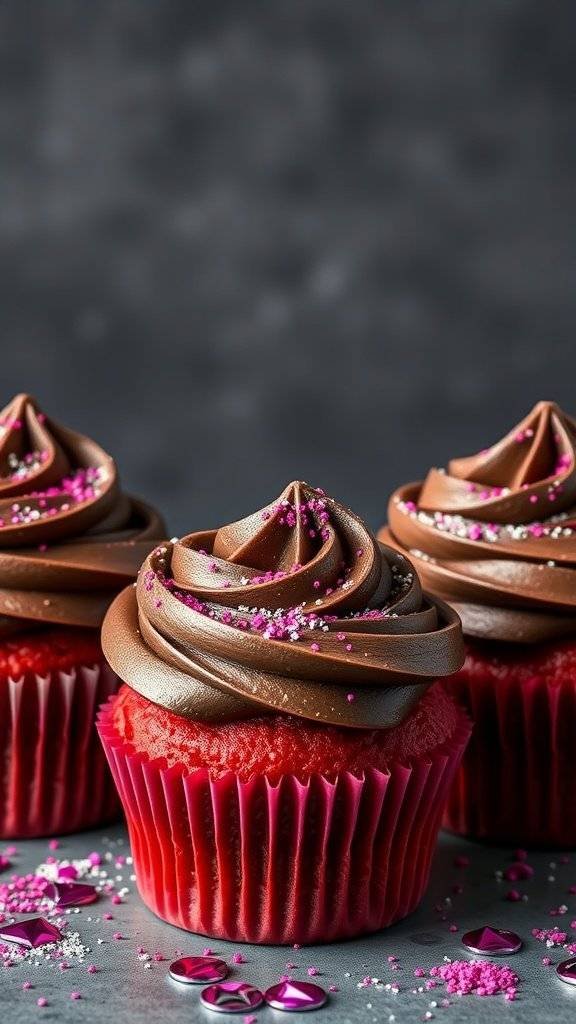 Three red velvet cupcakes with chocolate frosting and pink sprinkles.