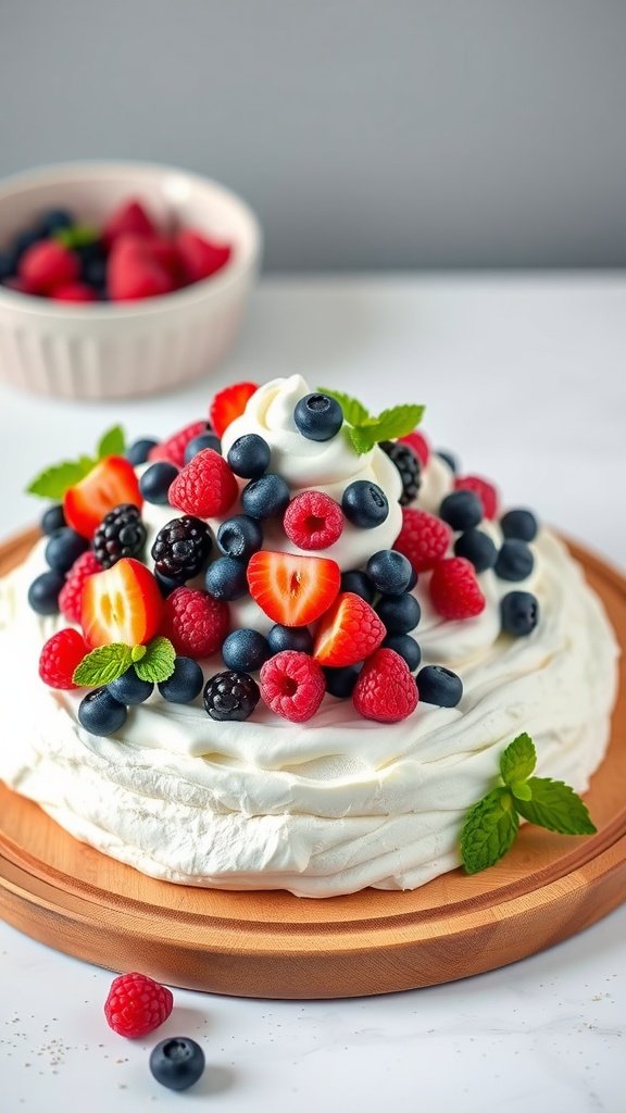 A beautifully arranged pavlova topped with fresh berries and mint leaves.