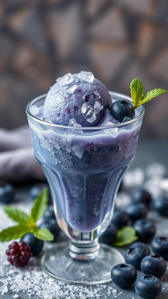 A glass of blueberry sorbet with ice crystals and fresh blueberries, inspired by Star Wars.