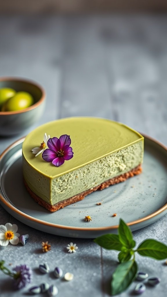 A slice of matcha cheesecake with a smooth green top and a graham cracker crust, decorated with edible flowers.