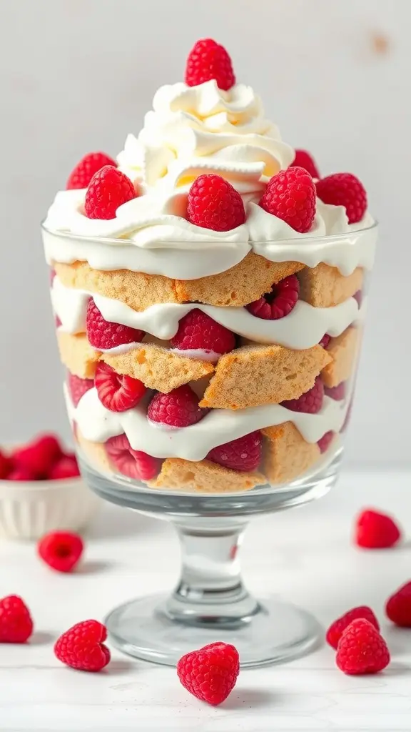 A creative R2-D2 Raspberry Trifle dessert, featuring layers of raspberry puree, vanilla pudding, and whipped cream, garnished with fresh raspberries.