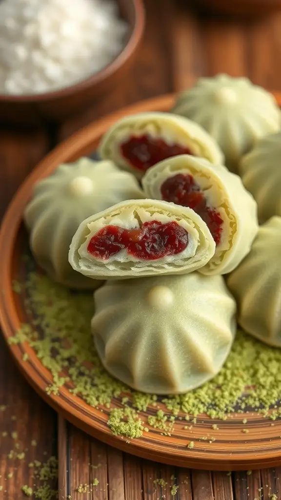 A plate of Yoda's Green Tea Mochi with a red bean filling, dusted with matcha powder, showcasing a futuristic dessert inspired by Star Wars.