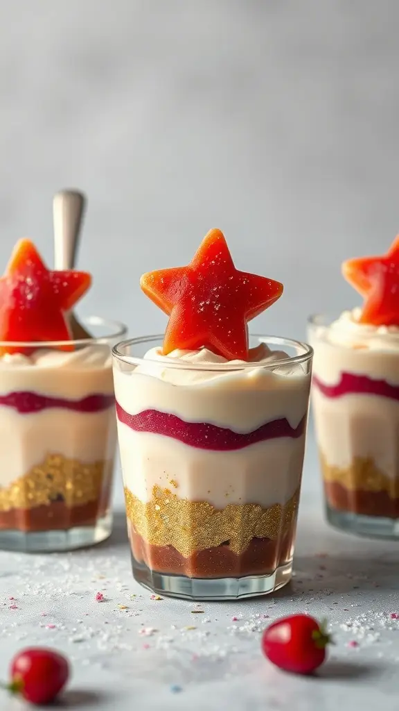 Colorful pudding cups with layers of chocolate pudding, strawberry jelly, vanilla pudding, and topped with whipped cream and star-shaped gummy candies.