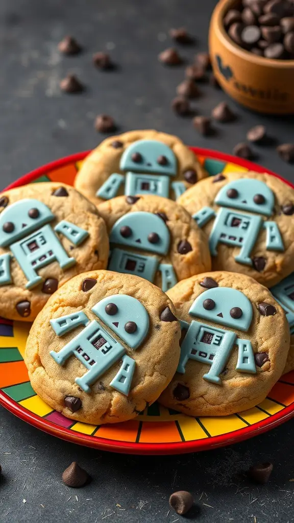 A plate of Droid Chocolate Chip Cookies decorated with blue fondant and chocolate chips.