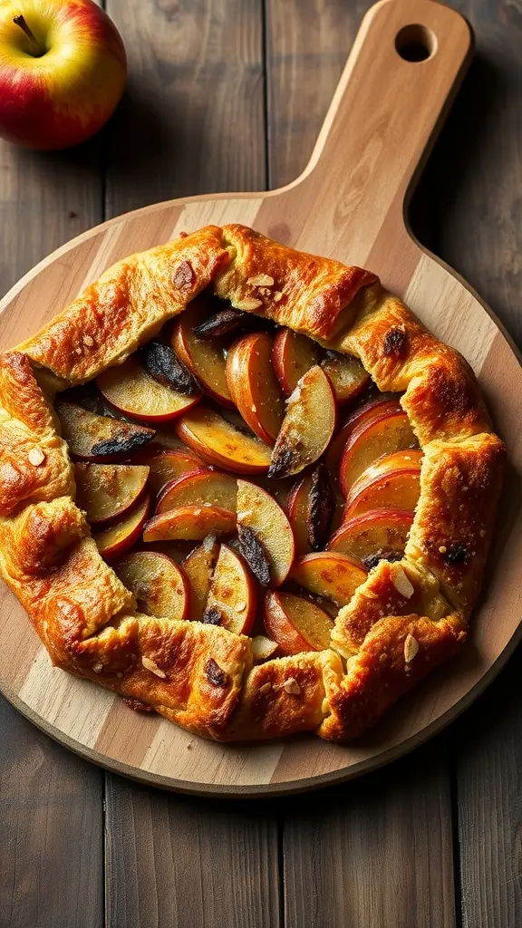 A delicious Tusken Raider Spiced Apple Galette on a wooden board, featuring sliced apples and a flaky crust.