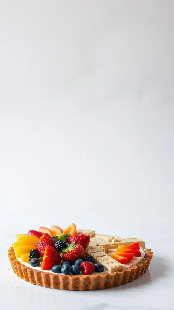 A colorful fruit tart resembling the Millennium Falcon, topped with various fresh fruits.