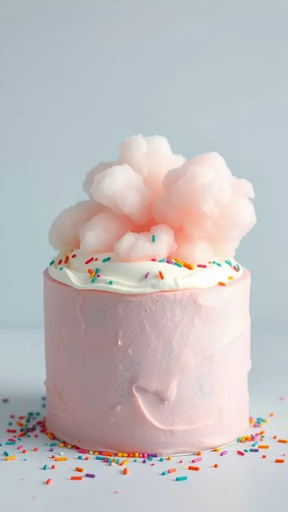A pink frosted cake topped with cotton candy and colorful sprinkles.