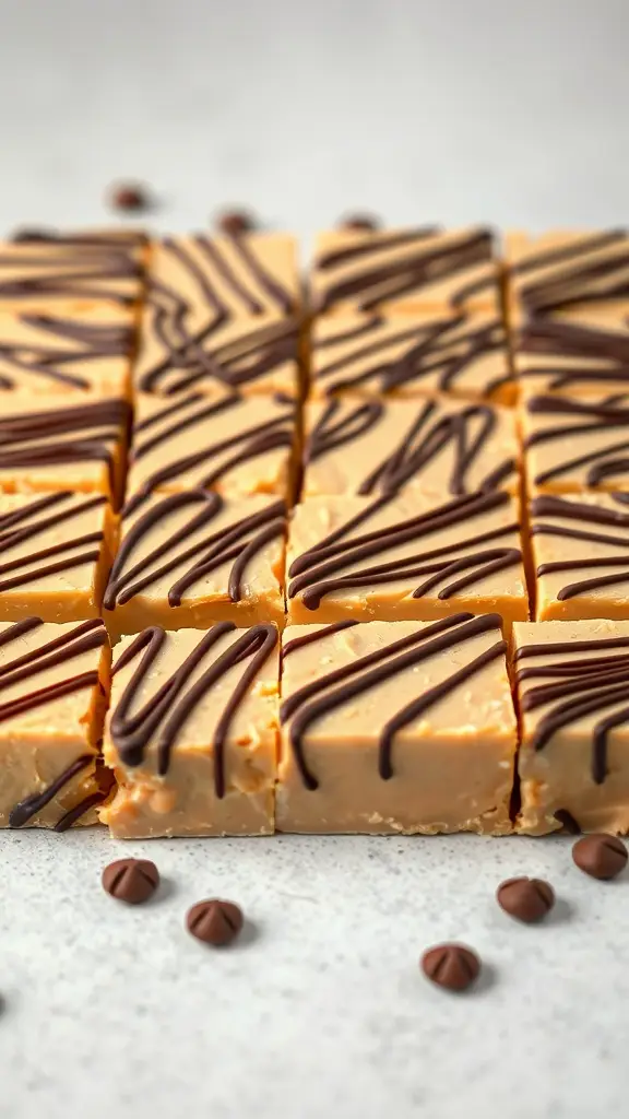 Delicious peanut butter fudge squares drizzled with chocolate.