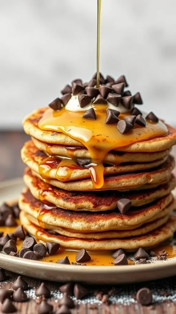 A stack of chocolate chip pancakes drizzled with syrup and topped with chocolate chips.