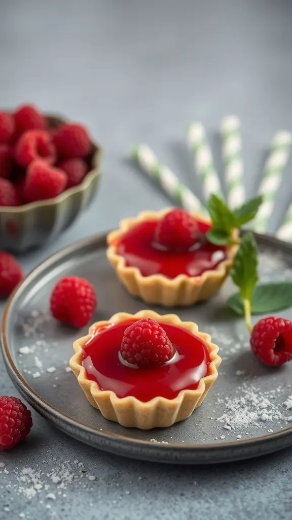 Two raspberry tarts on a plate, garnished with fresh raspberries and mint leaves.