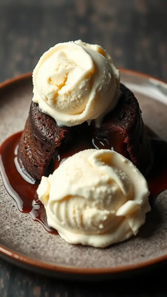 A delicious Sarlacc Pit Chocolate Lava Cake with a scoop of vanilla ice cream on top, served on a plate.