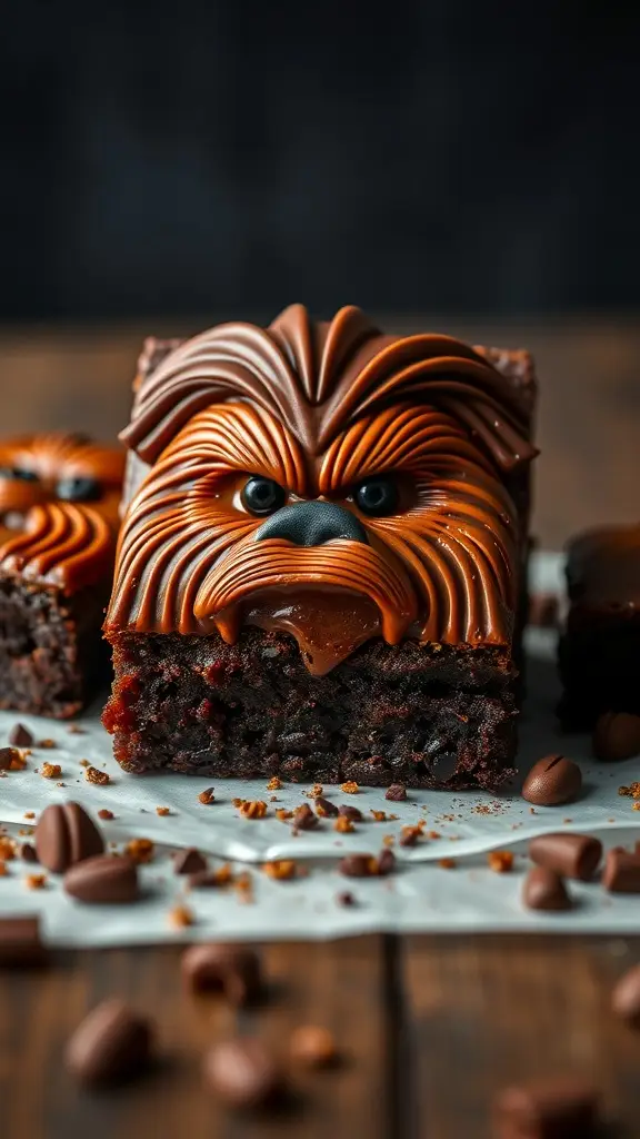 Chewbacca's Chewy Caramel Brownies with chocolate and caramel decoration