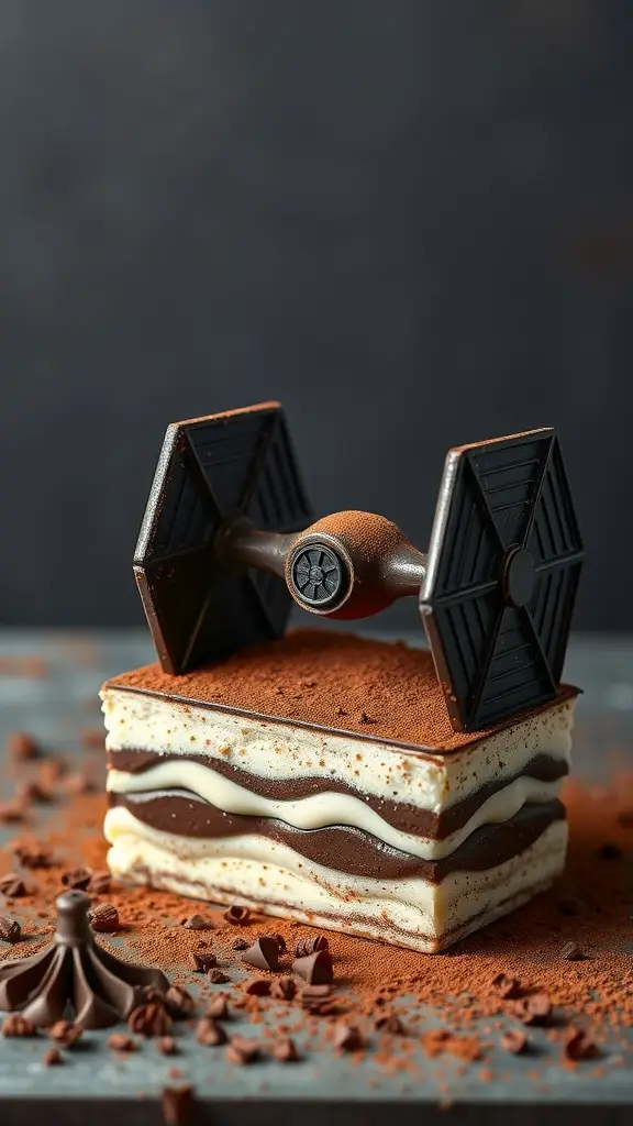 A TIE Fighter Tiramisu dessert, featuring layers of coffee-soaked ladyfingers and mascarpone cheese, topped with cocoa powder and chocolate shavings.