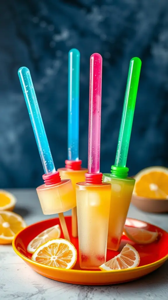 Colorful lemonade popsicles resembling lightsabers, placed on a plate with lemon slices.