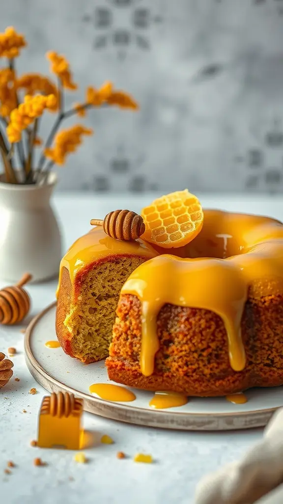 A golden honey cake with a honey glaze and honeycomb decoration, inspired by C-3PO from Star Wars.