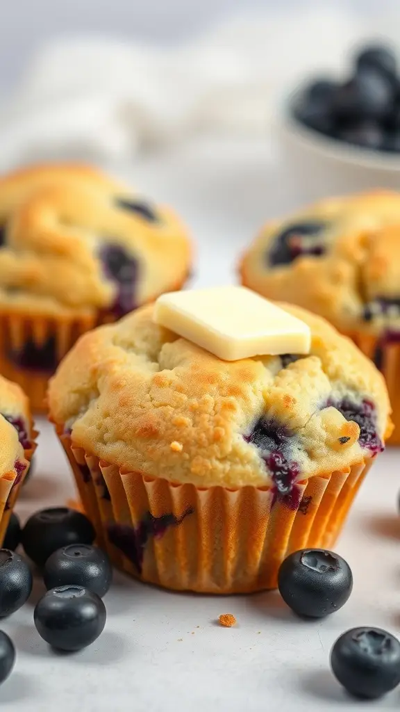 Freshly baked blueberry muffins with a pat of butter on top, surrounded by blueberries.