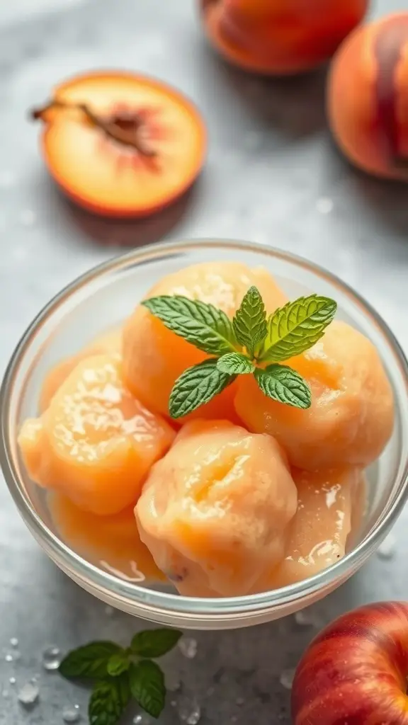 A bowl of Naboo Nectarine Sorbet garnished with mint leaves, surrounded by fresh nectarines.