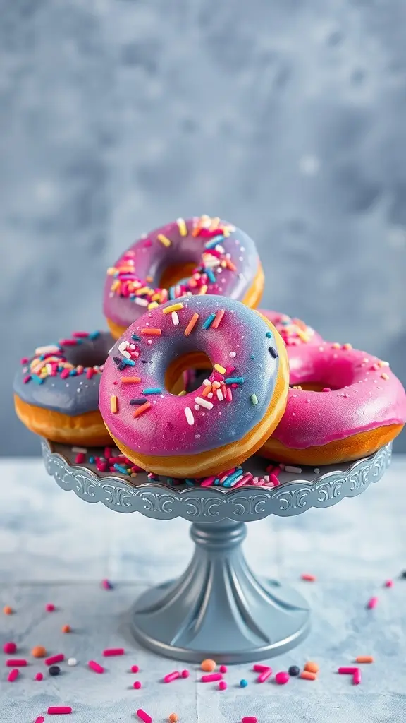 Colorful galaxy glazed donuts on a decorative stand