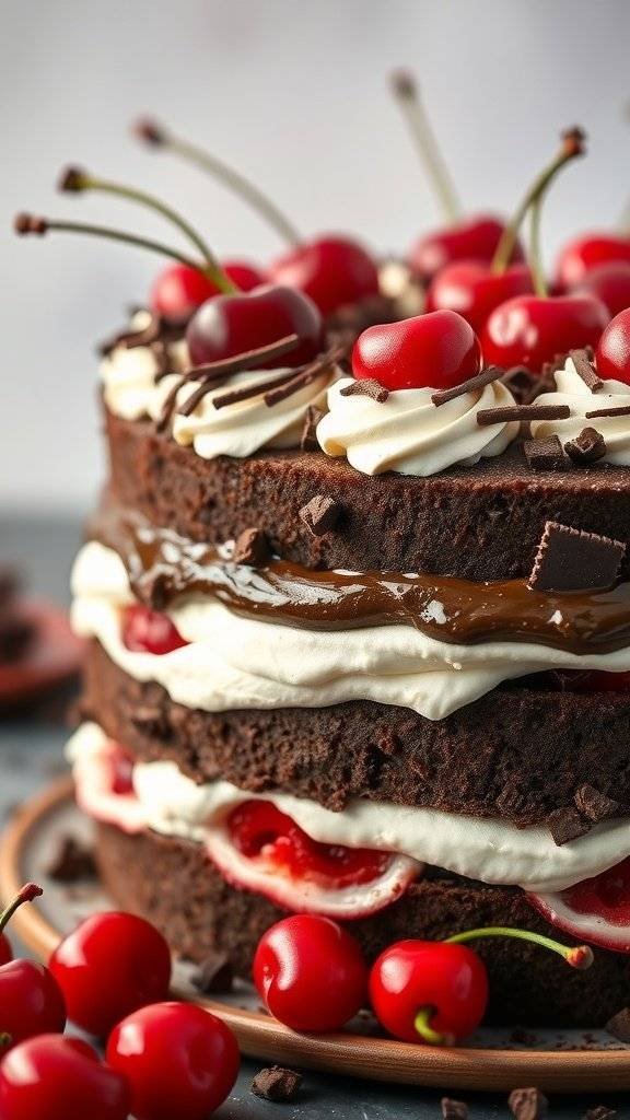 A rich chocolate Black Forest cake topped with cherries and whipped cream.