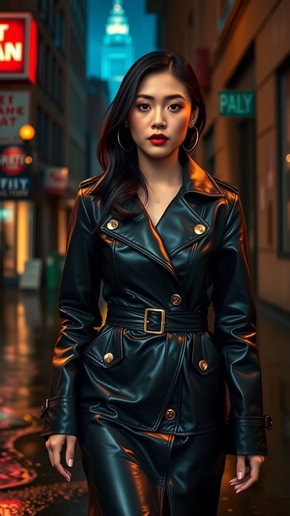 A confident figure in a deep leather trench coat walking through a rain-slicked alley, illuminated by streetlights.