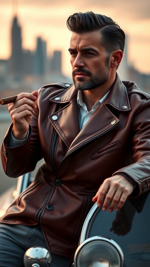 A stylish man in a dark leather jacket with a cigar in his mouth, standing in a city setting.