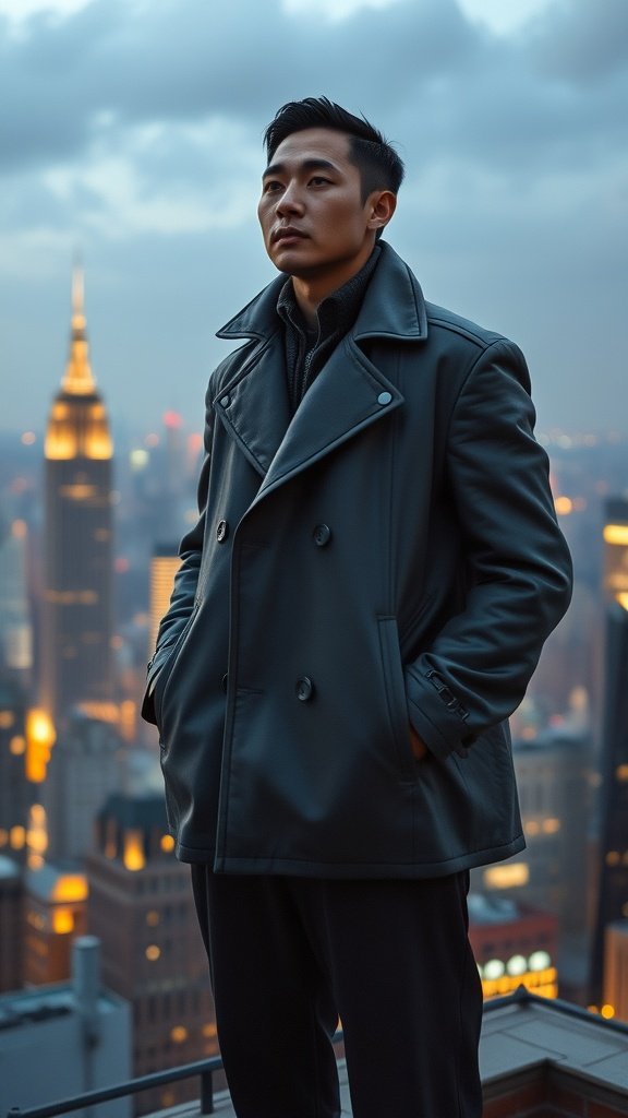 A man in a stylish leather coat stands against a city skyline at dusk, with the Empire State Building illuminated in the background.
